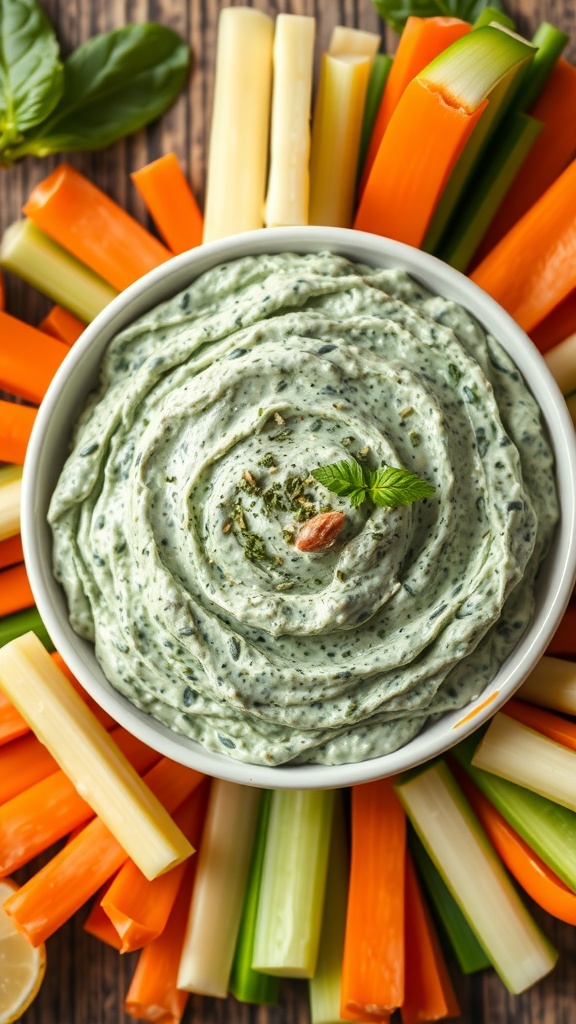 Creamy Whole30 Spinach Dip Creamy Whole30 spinach dip in a bowl with vegetable sticks for dipping on a rustic tabletop.